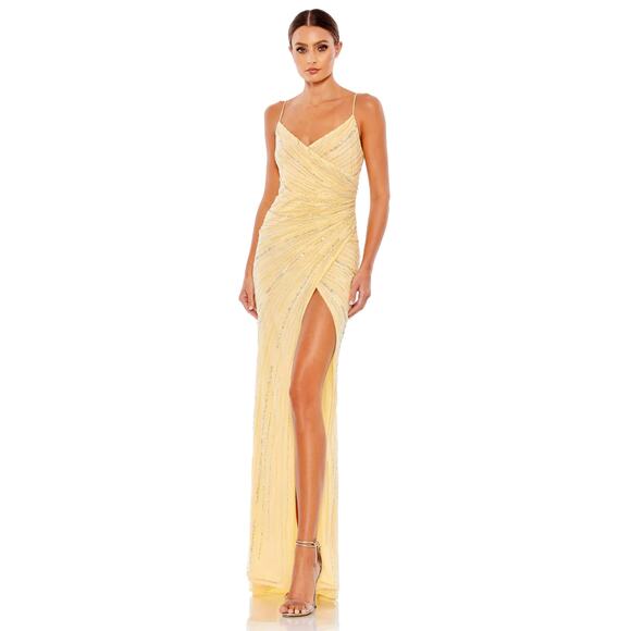 Mac Duggal 93733 Buttercream Yellow Beaded Sleeveless Faux Wrap Gown 16 - Picture 1 of 7